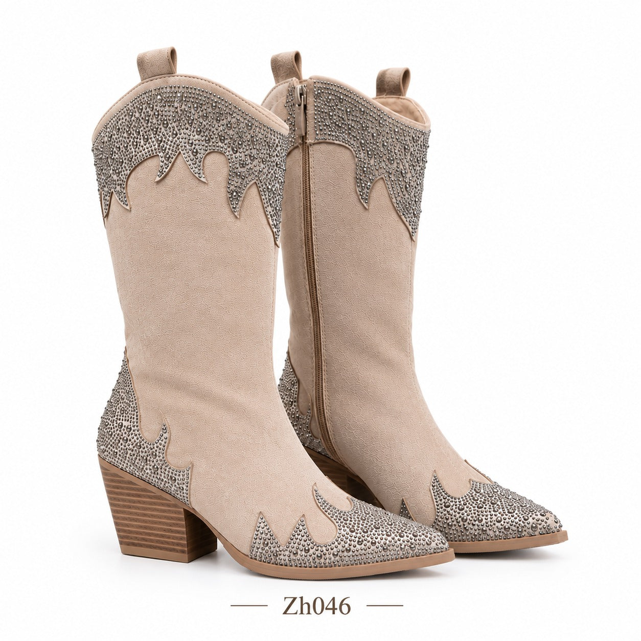 Bota texana beige apliques plateado brillantes tacon 7cm 255-011